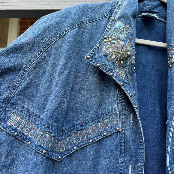 Embroidered Denim Long Jacket - Picture 3 of 6